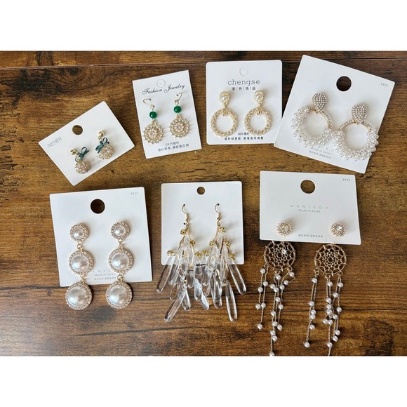 A Week of Elegance retro Gold Pearl Crystal Statement Earrings 7-Pair Set new - Picture 2 of 5